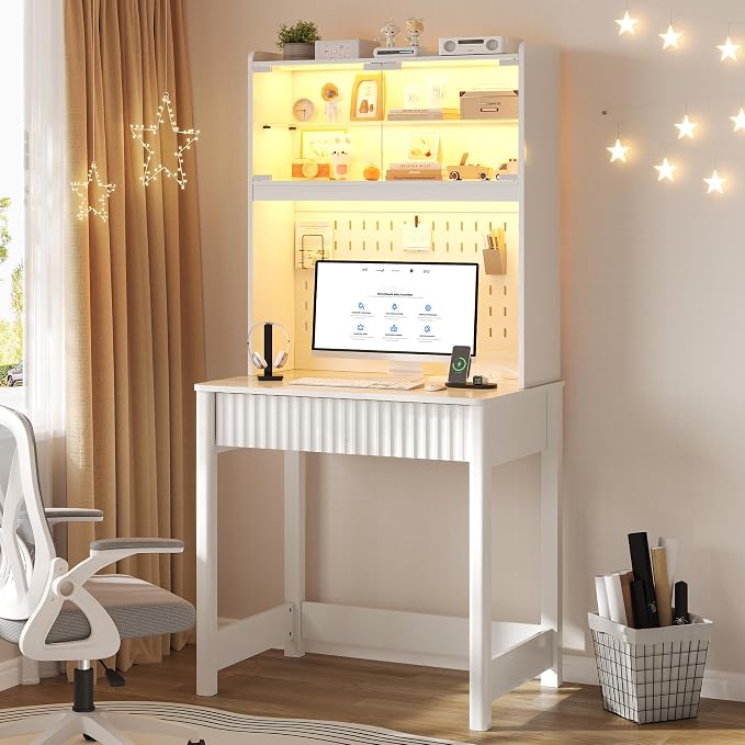 Lvifur LED Writing Desk with Hutch and Pegboard and Power Outlet (White) | Compact Study Desk with Display Shelf, 3 Color Lights, Adjustable Brightness, USB/Type-C&2 AC Outlets, Drawer wtih Metal Rail by LVifurSmartFurniture
