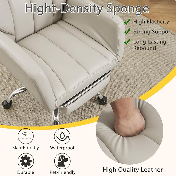 JOMEED Cross Legged Office Chair with Footrest,Flip Armrest,Beige | Big and Tall Executive,Ergonomic Design with Lumbar Pillow, 155° Reclining, PU Leather Wide Desk Chair for Home and Office - Image 5