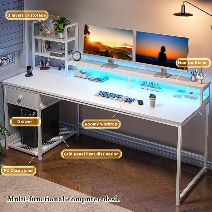 EnHomee 55" Reversible White Computer Desk with Hutch, USB & LED - Image 6