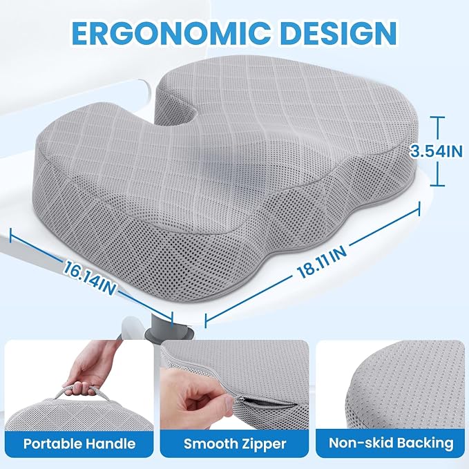 TushGuard Memory Foam Office Chair Seat Cushion - Light Grey, X-Large | for Car Seat, Airplane, Desk Chair - Sciatica & Hip & Coccyx Pain Relief Cushion for Long Sitting Office Workers, Car Drivers - Image 2