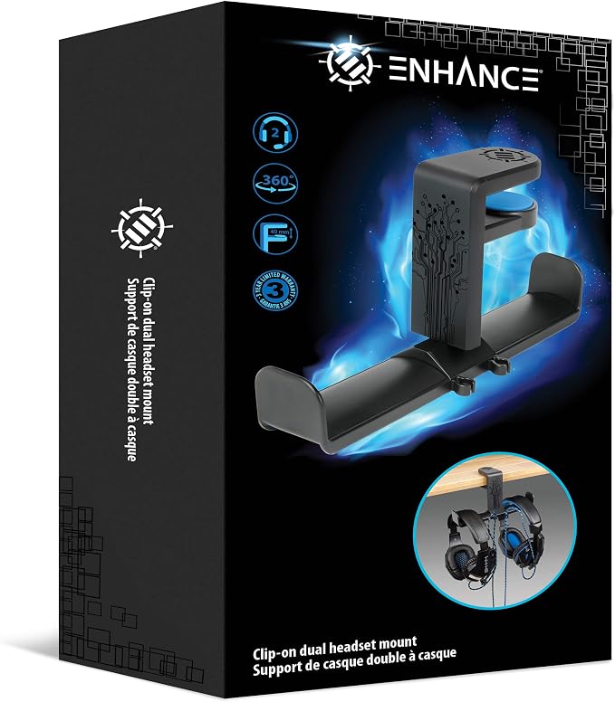ENHANCE PC Gaming Dual Headphone Stand - Clip-On Desk Headphone Holder with Adjustable 360 Rotation, Under Desk Headset Holder, Universal Fit, & Double Cable Loops Organizer with Silicone Pads - Image 9