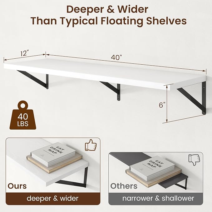 Axeman Deep Floating Shelves - 40 Inch White Floating Shelves Set of 2-12 Inch Deep Wood Wall Shelves for Living Room Bathroom Kitchen - Image 3