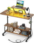 Height Adjustable Standing Desk with Power Outlets and LED Lights - 39" Manual Stand Up Desk with Monitor Stand and Storage Shelves Small Mobile Rolling Computer Desk Portable Laptop Table, Rustic by Besiost