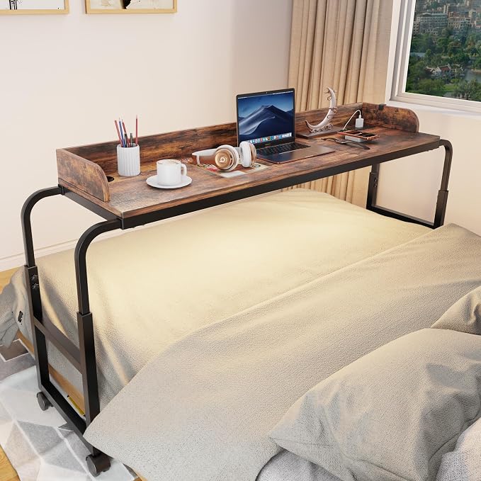 Overbed Table with Wheels, Mobile Bed Table with Adjustable Height Length, Desk for Bed Queen King Size with Charging Station and LED Light, Rolling Table for Eating, Laptops, Hospitals by OTUTUMUS