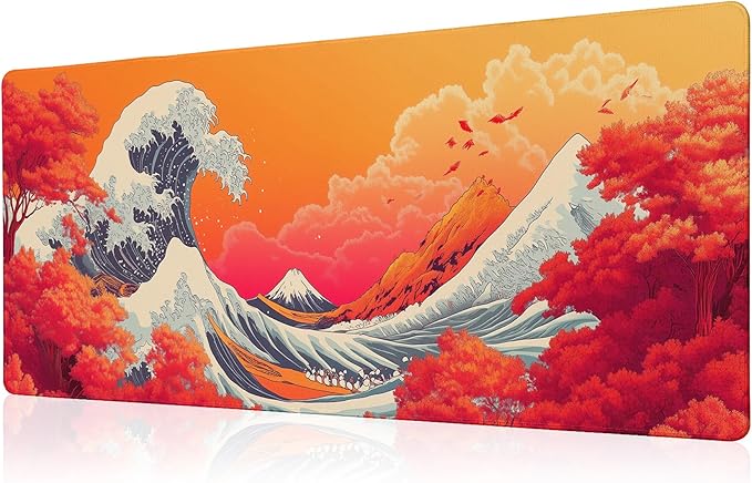 Japanese Sea Wave Mouse Pad Red Desk Mat XL Mouse Gaming Pads, Sea Keyboard Pads Extra Large Desktop Computer Mats with Non-Slip Base & Stitched Edges, Vintage Office Decor 31.5x11.8 by Unknown