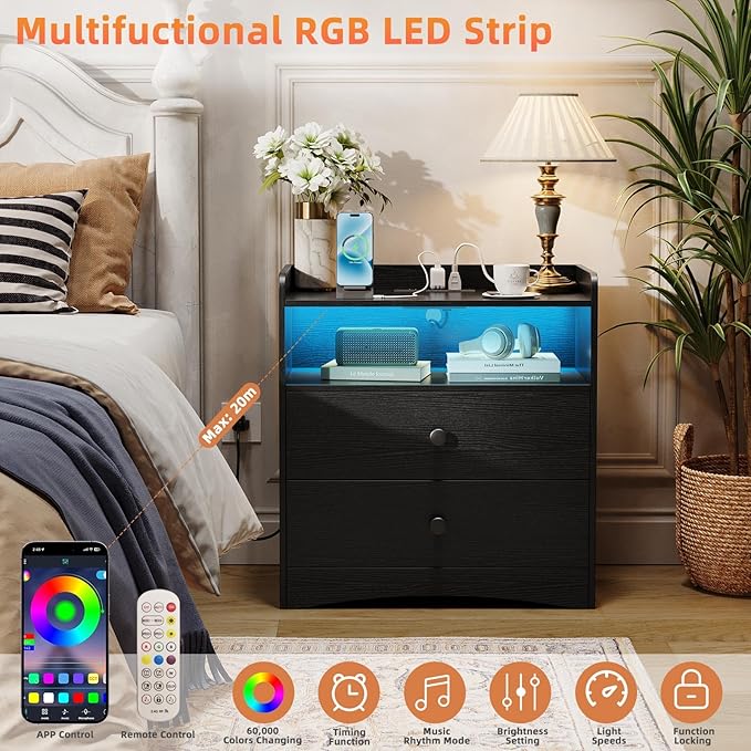 Memobarco Nightstand with Charging Station and LED Light, Black - Image 3