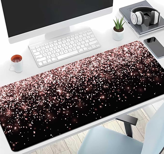 IMAYONDIA Gaming Mouse Pad, Large Non-Slip Rubber Base Mousepad with Stitched Edges, Keyboard Mouse Mat Desk Pad for Work, Game, Office, 31.5x11.8 Inch - Rose Gold Black Glitter Luxury - Image 6