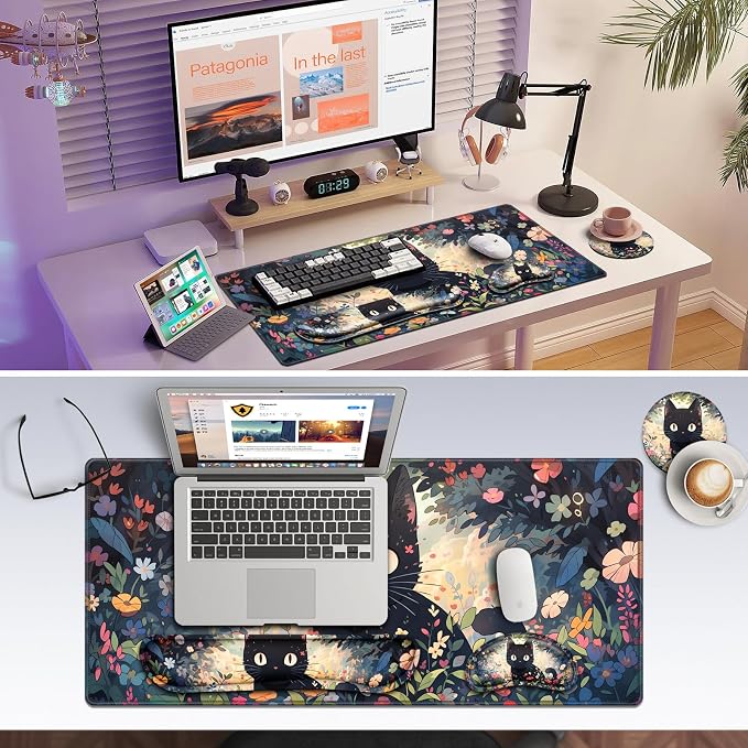 Canjoy Desk Mat with Wrist Rest, Desk Pad for Keyboard and Mouse 4-in-1 Kawaii Anime Mouse Pad + Keyboard Wrist Rest Support+ Coaster(35.4×15.7 in) Memory Foam Non-Slip Desk Mat for Home Office - Image 7