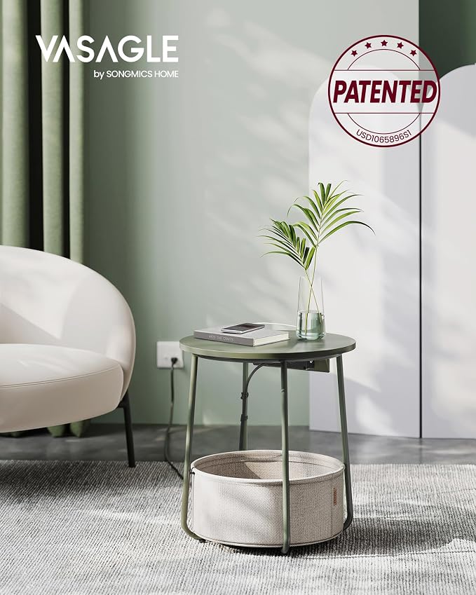 VASAGLE Side Table with Charging Station,Fabric Basket, Round End Table - Image 4