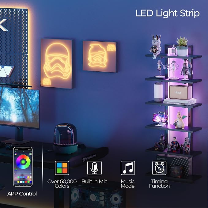 LED Wall Mounted Display Shelf with RGB Lights, 6-Tier Vertical Wall Shelf for Gaming Room, Bedroom and Living Room, Floating Shelves for Collectibles and Decor, 15"W x 5.5"D x 43.3"H, Black - Image 4