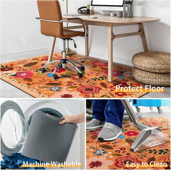 Office Chair Mat for Hardwood & Tile Floor,Boho Floral 36"x48" Computer Chair Mat for Rolling Chairs Carpet,Under Desk Non Slip Gaming Rug,Low-Pile Rubber Backing Large Protector Mat(Orange) - Image 6