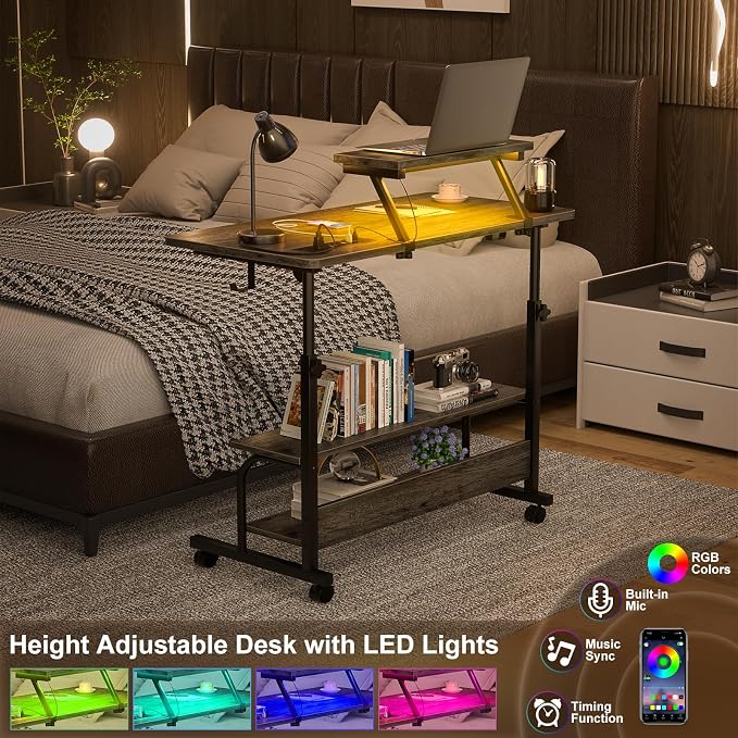 Height Adjustable Standing Desk with Power Outlets and LED Lights - 32" Manual Stand Up Desk with Monitor Stand and Storage Shelves Small Mobile Rolling Computer Desk Portable Laptop Table, Grey Oak - Image 5