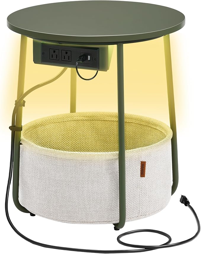 VASAGLE Side Table with Charging Station,Fabric Basket, LED Round End Table - Image 7
