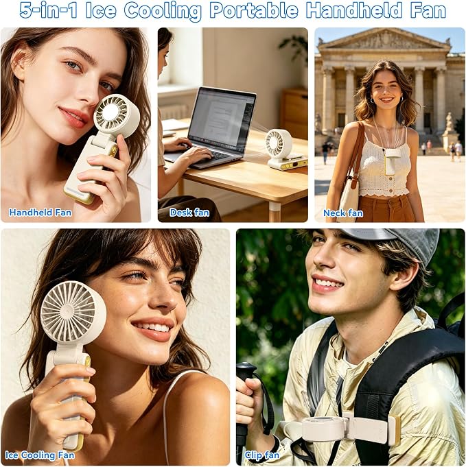 Handheld Portable Turbo Fan with Ice Cooling,5 Speed Rechargeable LED Display Foldable Hand Held Personal Clip/Neck/Waist Fan,180°& 360° Adjustable,Pocket Mini Fan for Outdoor/Home/Office (Khaki) - Image 5
