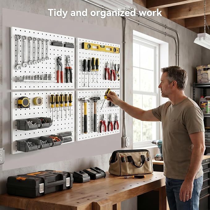 White Peg Board, 4 Pack Pegboard Wall Organizer, Metal Peg Board for Garage Tool Storage, , 4 Each 16" X 12" Heavy Duty Pegboard for Walls Home, Office Organization - Image 3
