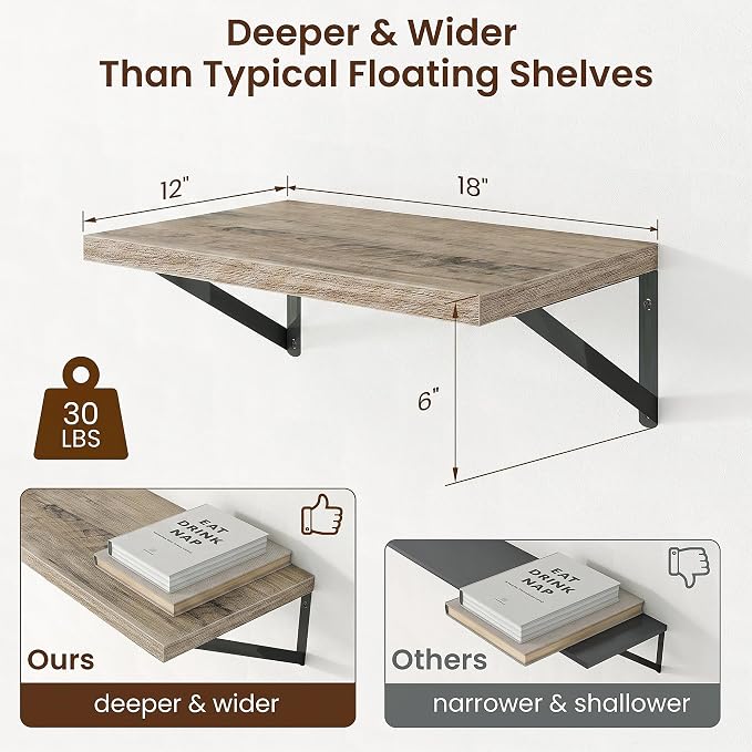 Axeman Deep Floating Shelves, 18'' x 12'' Grey Wall Shelves Set of 2 - Image 3