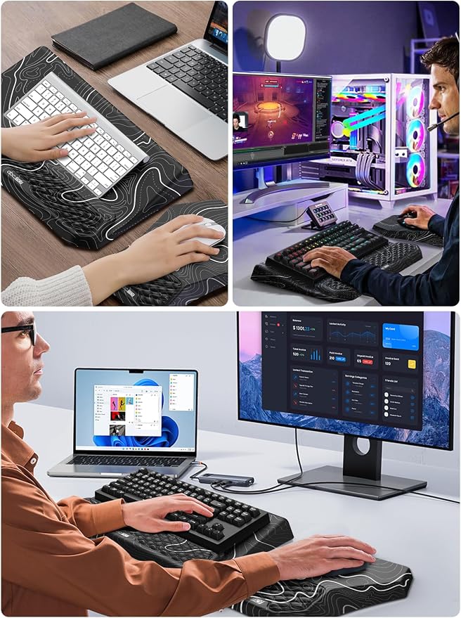 3-in-1 Ergonomic Keyboard Stand with Wrist Rest & Mouse Pad Set,Topographic | Comfy Keyboard Riser Holder Soft Mousepad with Massage Design, Memory Foam and Non-Slip PU Base for Pain Relief - Image 7