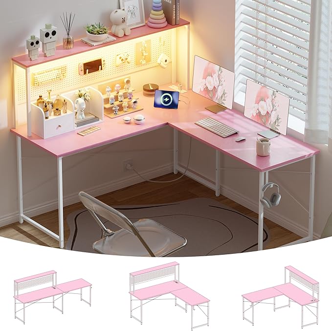 Pamray 60 Inch L Shaped Gaming Desk with Shelves and Storage | With Pegboard LED Lights Power Outlets, Reversible, Suitable for Home Office Bedroom Living Room Dorms Apartments by PAMRAY