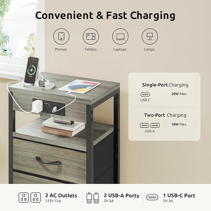 Lazzanto Night Stand with Charger Station, 4 Fabric Drawers, Grey - Image 4