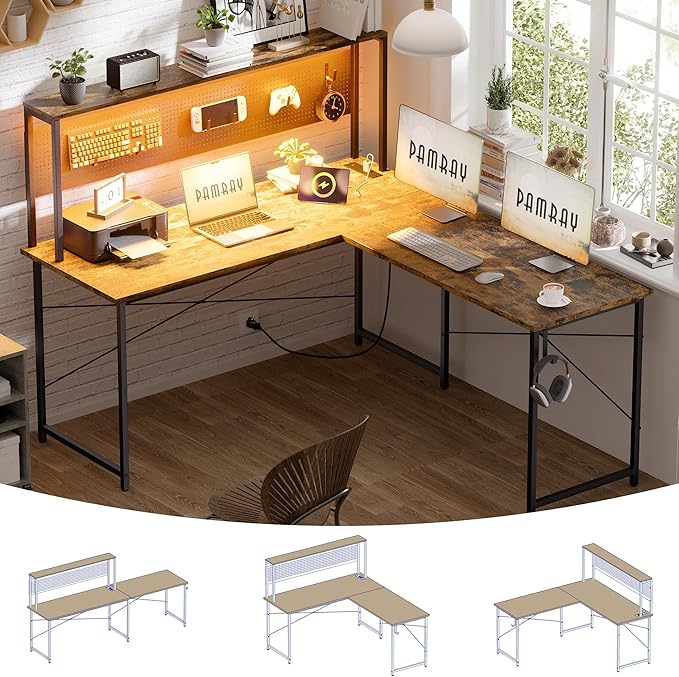 Pamray 60 Inch L Shaped Gaming Desk with Shelves and Storage | With Pegboard LED Lights Power Outlets, Reversible, Suitable for Home Office Bedroom Living Room Dorms Apartments by PAMRAY