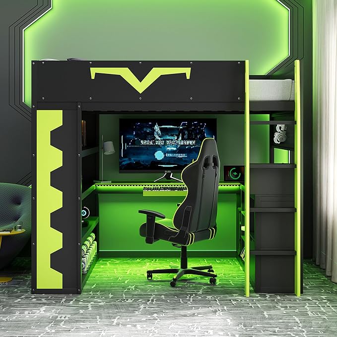 Merax Full Size Gaming Loft Bed with Desk and RGB LED Lights, Pro-Gamer Bed with Power Outlet, Large Bookshelf, Pegboard, Keyboard Tray & Drawer, Green - Image 3