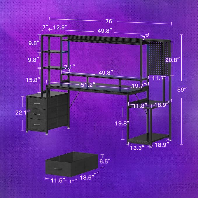 AODK 76 Inch Gaming Desk with Storage Shelves, LED Lights, 3 Drawers | PC Desk with Hutch & Pegboard & Large Desktop, Reversible Computer Desk for Home Office, Carbon Fiber Black - Image 3