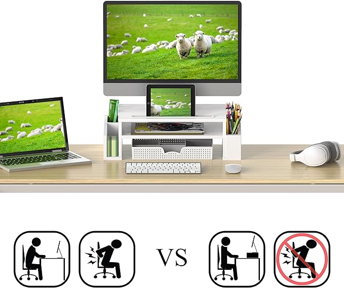 Simple Houseware Desk Monitor Stand Riser w/ Adjustable Tray, White | Built-In Tablet Slot and Side Storage - Image 3