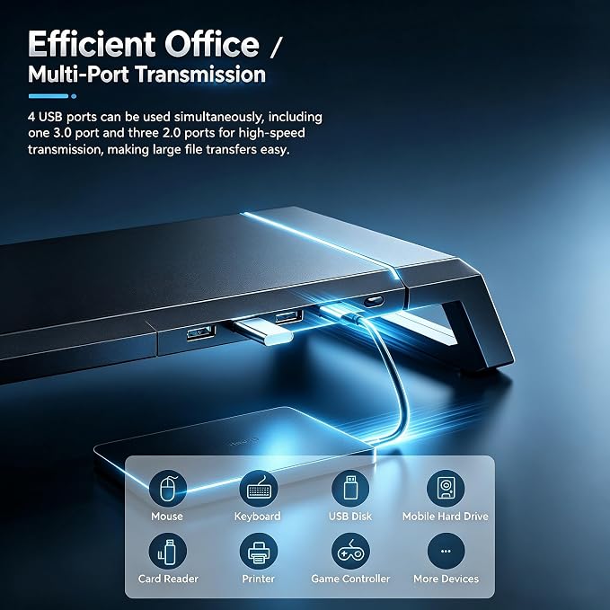 Computer Monitor Stand Riser with Storage Drawer, USB Hub, RGB | Adjustable 16.1-21.7 in width; holds 72 lb; phone holder; fits a wide monitor or laptop; gaming desk organizer, black - Image 5