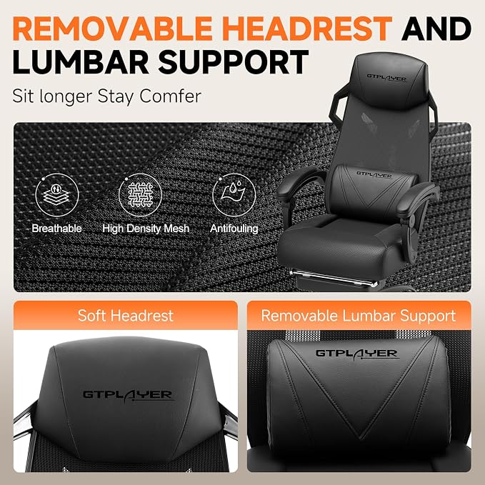 GTPLAYER Computer Chair with Adjustable Footrest, Ergonomic Gaming Chair with Headrest and Lumbar Support, Breathable Mesh Office Chair for Adults, High Back Reclining Desk Chair for Gaming and Office - Image 8