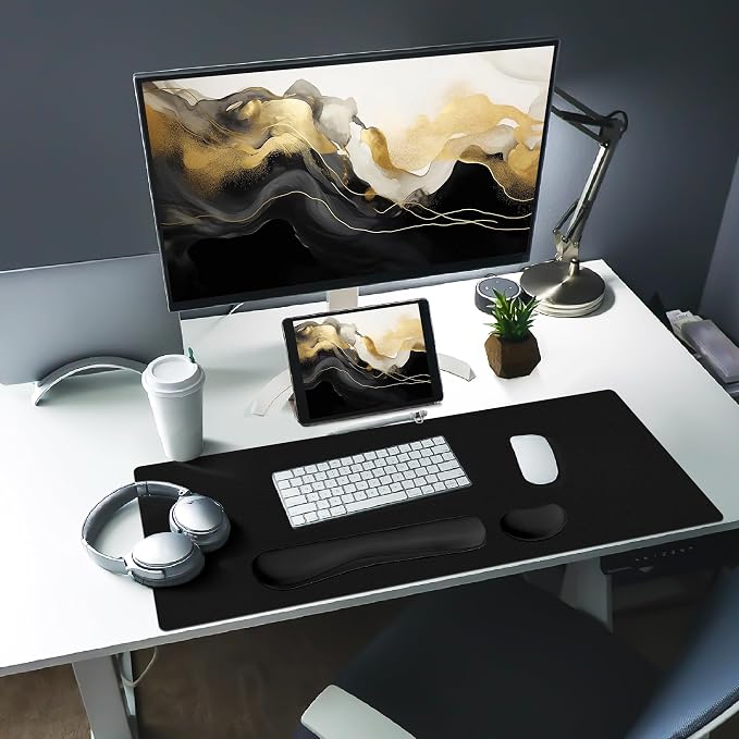 Bloss Leather Desk Pad and Keyboard Wrist Rest, Non-Slip Large Mouse Pad + Keyboard Pad + Mouse Wrist Support, Desk Mat Protector for Office, Home(27.6" x 13.8", Black) - Image 3