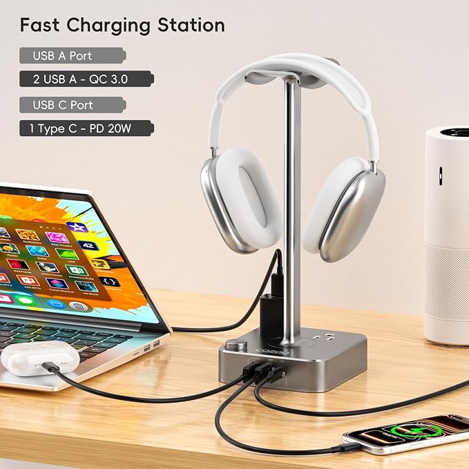 cozoo Headphone Stand with Charger, USB C, Gifts for Gamers Men, Gray | Gaming Headset Stand Holder for Desk, 3 USB(1 USB C) and 2 AC Outlets Charging Ports, Headphone Hanger, Gamer Gifts for Men - Image 4