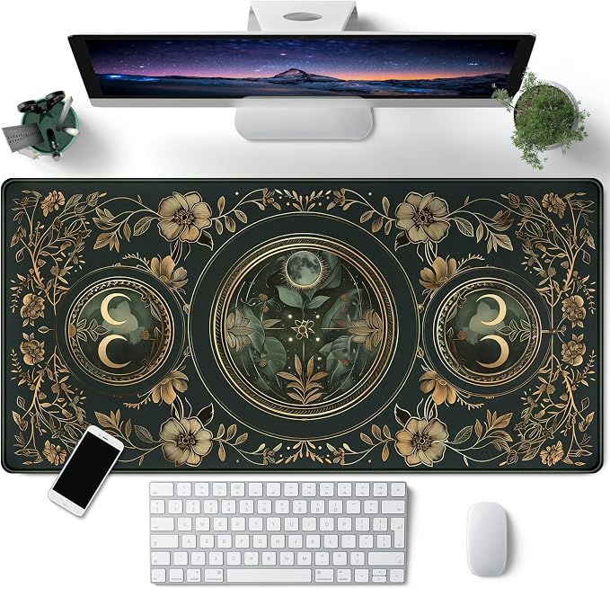 Celestial Art Nouveau Botanical Desk Mat Gold Moon Large Mouse Pad Emerald Vintage Big Gaming Mousepad 31.5''X15.7'' Plant Aesthetic Desk Pad XXL Extended Keyboard Mouse Mat Office Decor by CYZFF