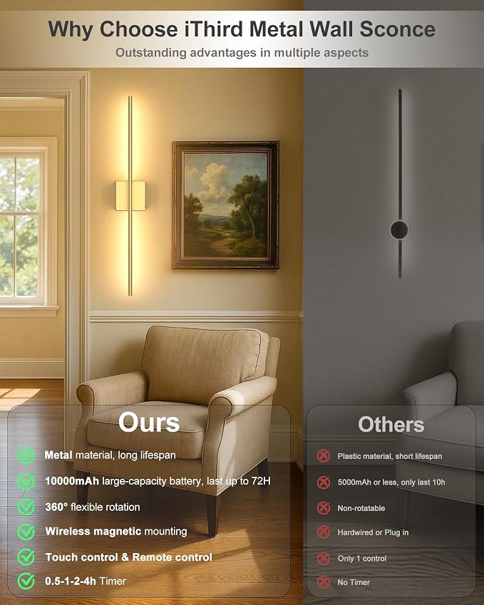 Battery Powered Wall Sconce Set of Two: Gold Wireless Rechargeable Wall Lights with Touch and Remote Control, 360°Rotatable 4CCT Dimmable Cordless Scone Lighting Decor for TV Wall Bedroom Bathroom - Image 2