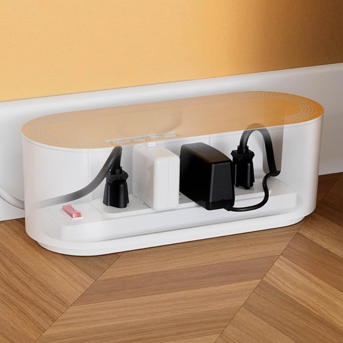 D-Line Cable Management Box, Power Strip Holder, Floor Outlet Hiders, Desk Cord Organizer, Cover TV Wires, Wire Storage, Extension Hider, Office Concealer for Cords - Small, Wood-Effect Lid - Image 8
