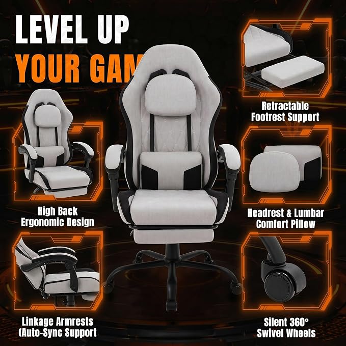 Shintenchi Gaming Chair, Ergonomic Office Chair with Footrest, Lumbar Support and Linkage Armrests, Swive Home Video Game Chairs for Adults, Gray - Image 4