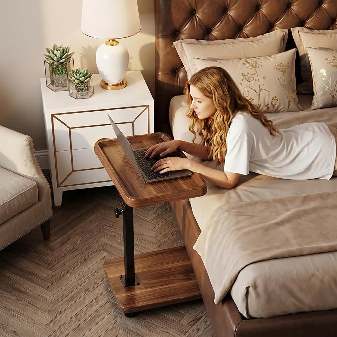 C Table End Table Adjustable Height, 360°Swivel TV Tray Table for Small Spaces, Side Tables with Wheels for Living Room and Bedroom, Bed (Walnut) - Image 7