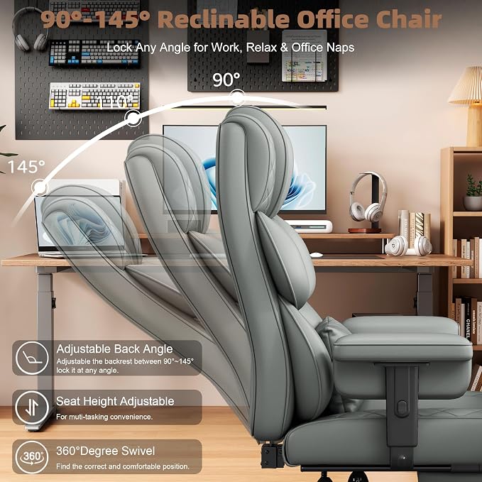 Vonesse Office Chair, Desk Chair with Soft Adjustable Armrests, Ergonomic High Back Gaming Chair with Lumbar Support, Executive Computer Chairs with Footrest (PU Leather, Gray) - Image 7