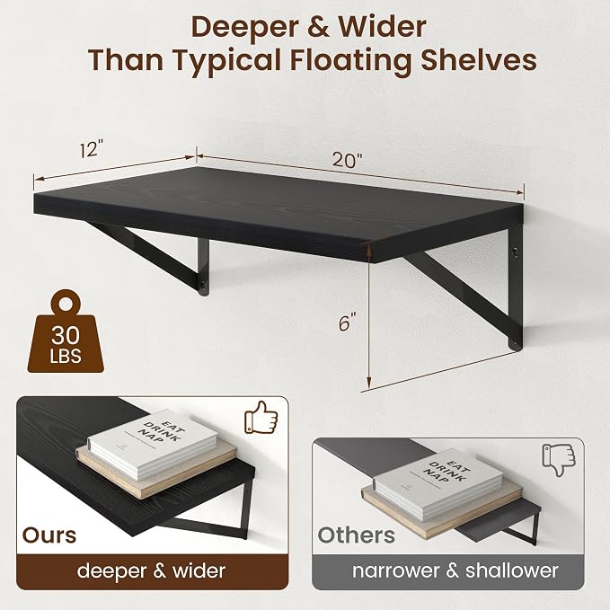 Axeman Deep Floating Shelves - 20 Inch Black Floating Shelves Set of 2-12 Inch Deep Wood Wall Shelves for Living Room Bathroom Kitchen - Image 3