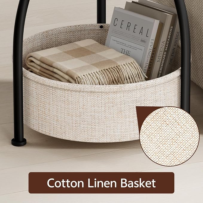 Round Side Table with Storage Basket, End Table Living Room, Greige - Image 8
