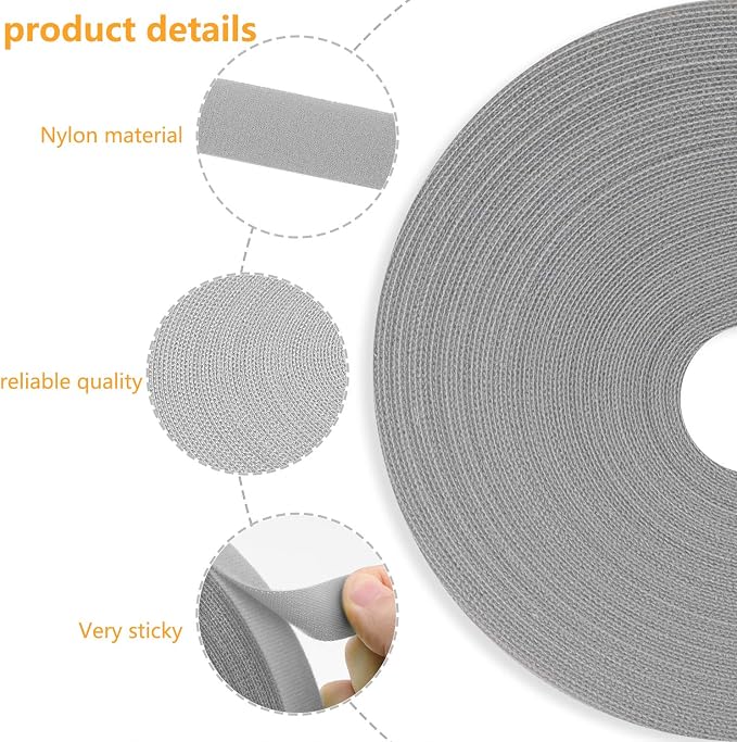 Reusable Fastening Tape Cable Ties 3/4 Inch Double Side Hook Roll (25 Yard, Grey) - Image 2