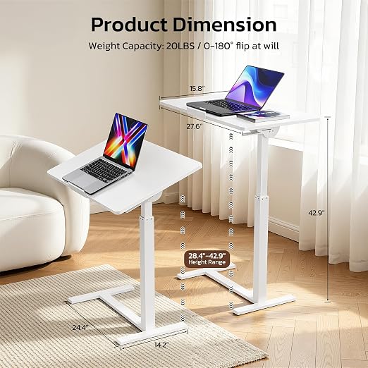 Mobile Standing Desk Adjustable Overbed Table, Pneumatic Height Adjustable Rolling Laptop Desk with Hidden Wheels, 0-180°Tilt Top Rolling Computer Cart Foldable for Home Office, Craft & Study, White - Image 3