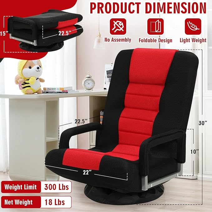 Swivel Floor Gaming Chair w/Armrests,Folding Video Reclining Sofa w/6 Adjustable Position, Padded Backrest & Cushion, Lazy Lounger Couch for E-Sports, Reading, Relaxing, Watching TV, Red - Image 3