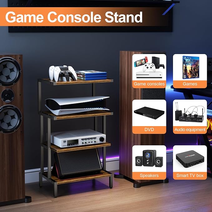 Aquzee Game Console Stands, 4-Tier AV Media Shelf, Stereo Stand, Wood Gaming Entertainment Center Rack for Audio Video Games DVD Player Organizer Storage Shelves fit Small Space - Image 3