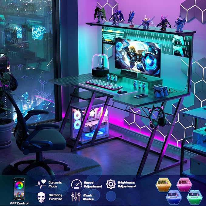 Armocity Gaming Computer Desk with Shelves and Outlets, Gaming Desk with Hutch and LED Lights, Reversible PC Gaming Desks with Pegboard, Carbon Fiber Black 47'' - Image 4