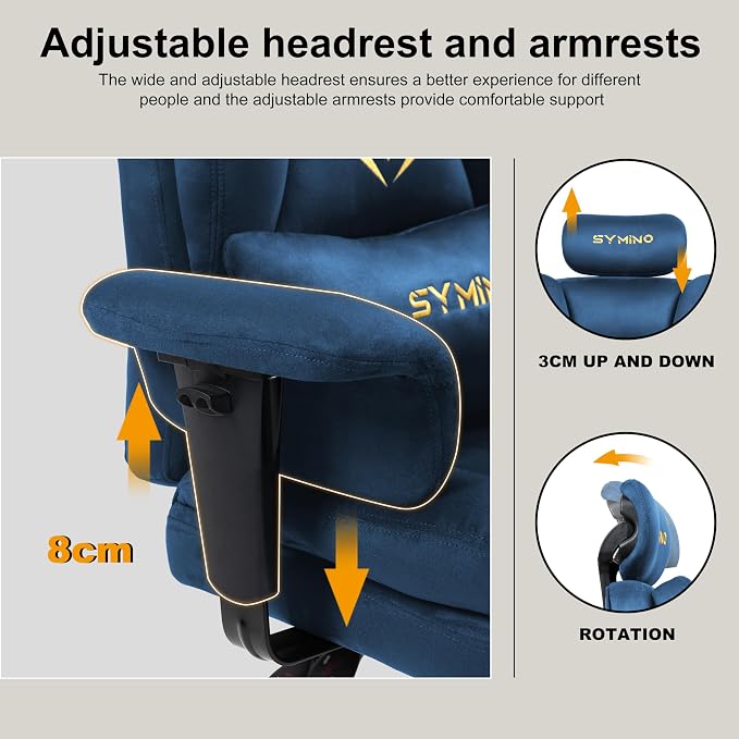 Symino Gaming Chair with Footrest, 2D Armrests Up/Down & Left/Right, Suede Fabric Ergonomic Office Chair, 150° Recline Computer Chair for Desk, Blue - Image 7