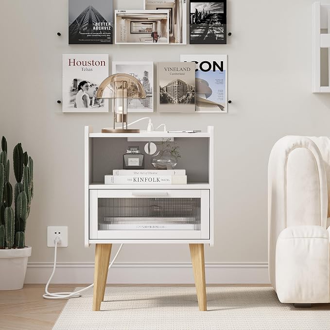 MMEOLUOOK Nightstand with Charging Station, Bedside Tables with Glass Decorative Door, End Table Side Table with 2 Tiers Storage Space, for Bedroom, Living Room, White CAMLBZ07WE - Image 6