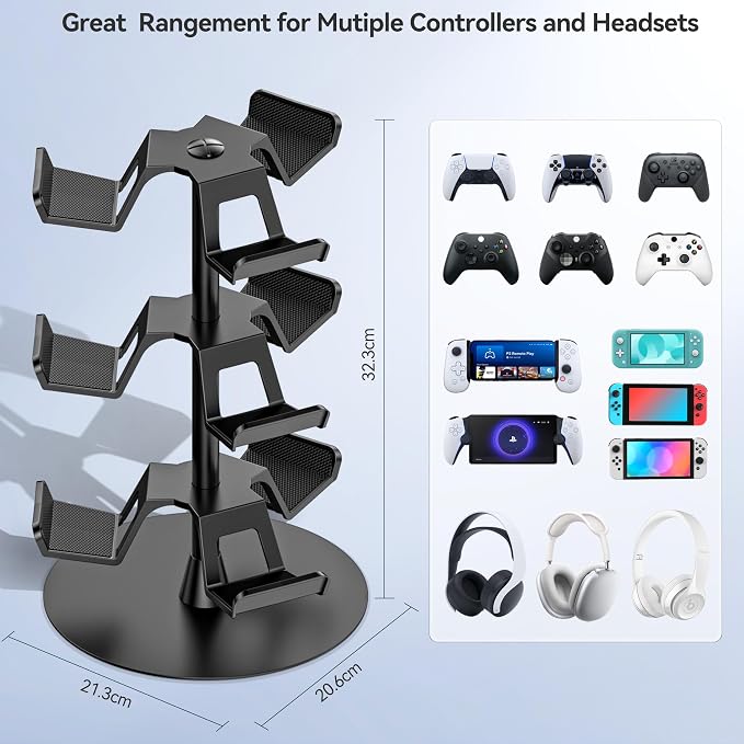 Kosker Headset Stand 3 Tiers for Desk, Rotatable Gaming Controller Stand for PS5/PS4/Xbox/Switch2/PS Portal/Phone, Universal PC Gamer Gift Accessory Controller/Headphone Holder for 9 Packs Controller - Image 4