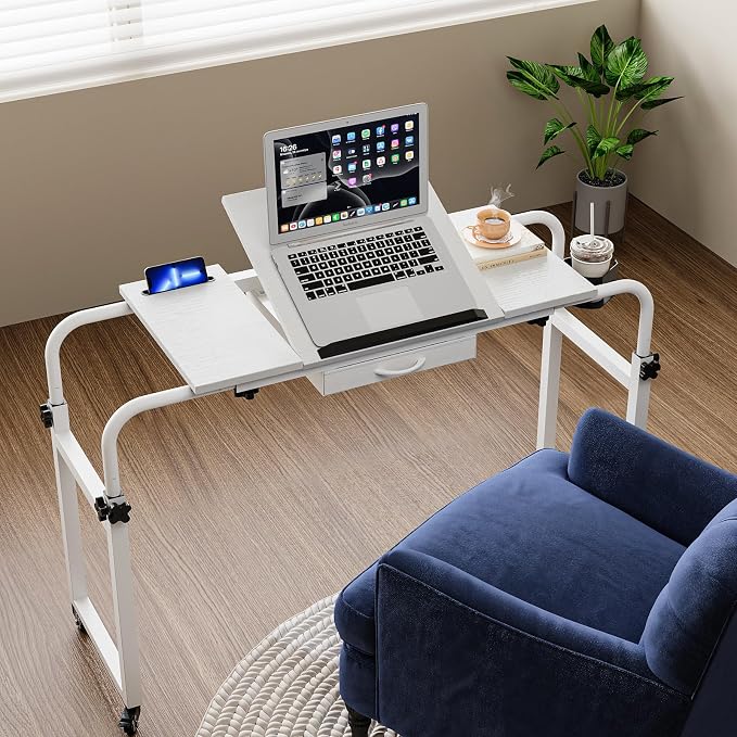 GiftGo Overbed Table with Wheels Rolling Laptop Desk Cart Table Height and Length Adjustable for Hospital and Home Use Over The Bed Table with Storage Drawer and Cup Holder (White, 31.5 to 47) by GiftGoDirect