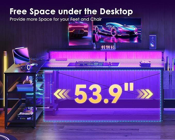 ODK 66 Inch L Shaped Gaming Desk with LED Lights, Power Outlets, Black - Image 4