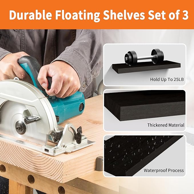Floating Shelves for Wall Set of 3, 36" Black Wall Shelves for Home Decor - Image 4